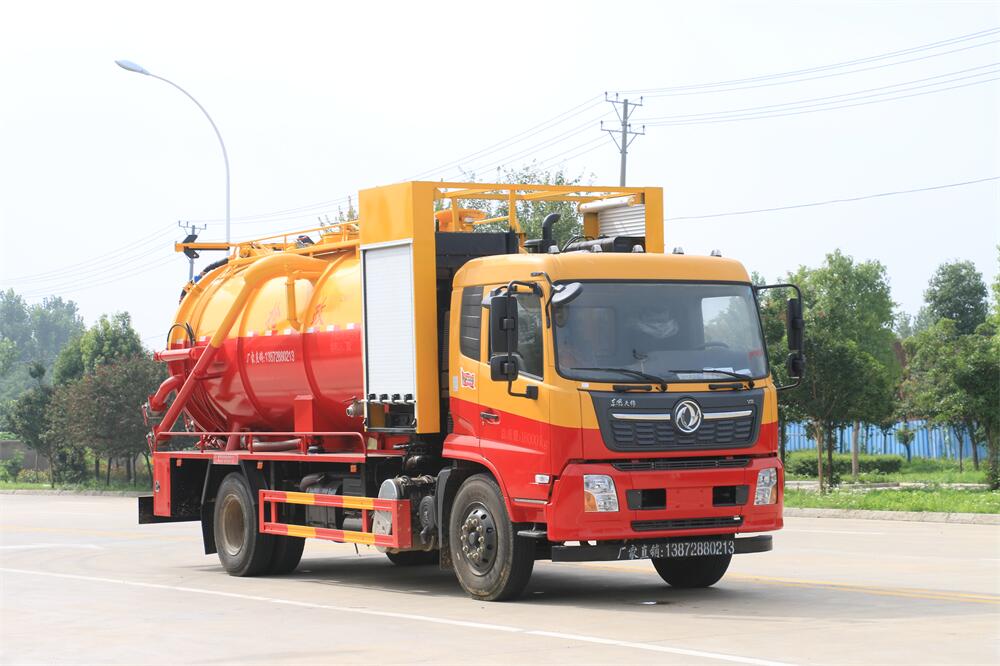 15方清洗吸污車-東風天錦15方10+5清洗吸污兩用車-帶副發(fā)動機圓罐紅黃色